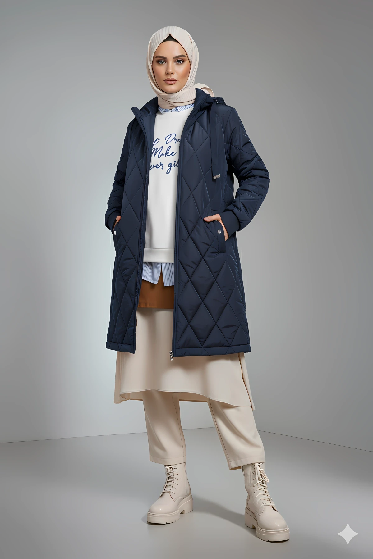 Kadın Lacivert Uzun Kapitone Astarlı Şişme Tesettür Mont HZL25W-BD151381