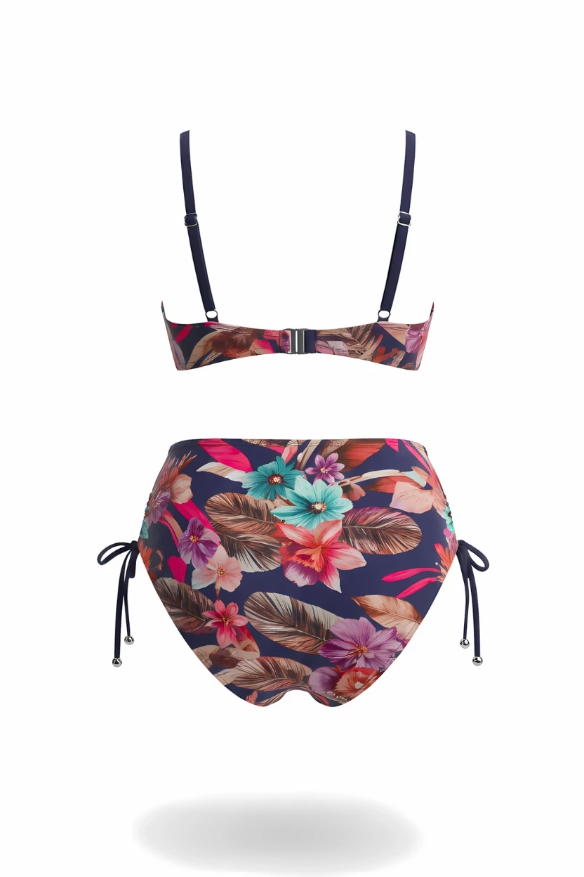 Kadın Lacivert Yaprak Desenli Yüksek Bel Büyük Beden Bikini Takım HZL24S-LC22625