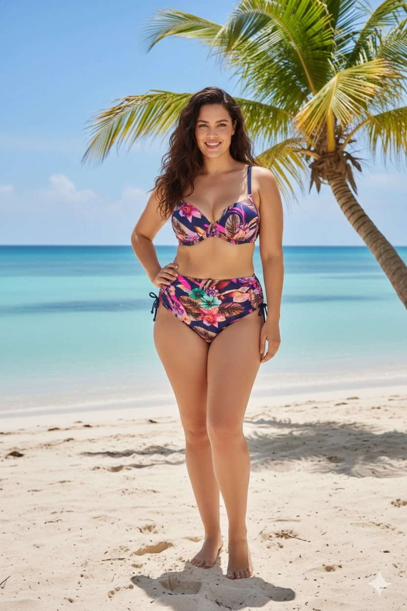 Kadın Lacivert Yaprak Desenli Yüksek Bel Büyük Beden Bikini Takım HZL24S-LC22625