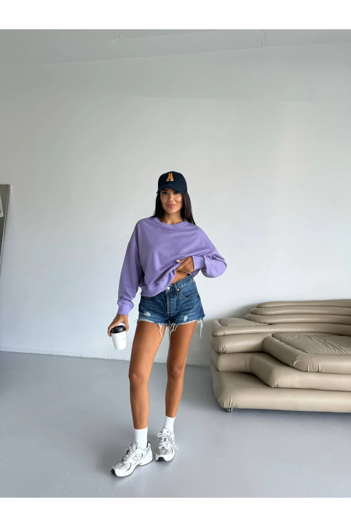 Kadın Lila Bisiklet Yaka 2 İplik Sweatshirt HZL25W-FRY123391