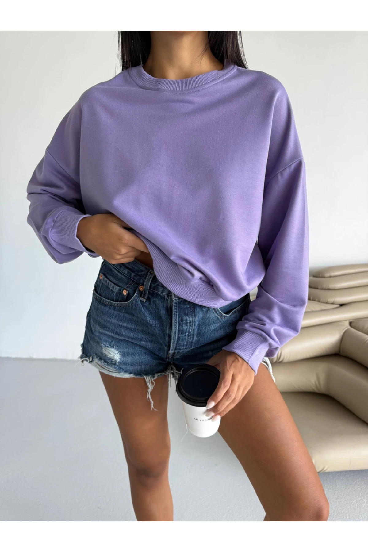 Kadın Lila Bisiklet Yaka 2 İplik Sweatshirt HZL25W-FRY123391