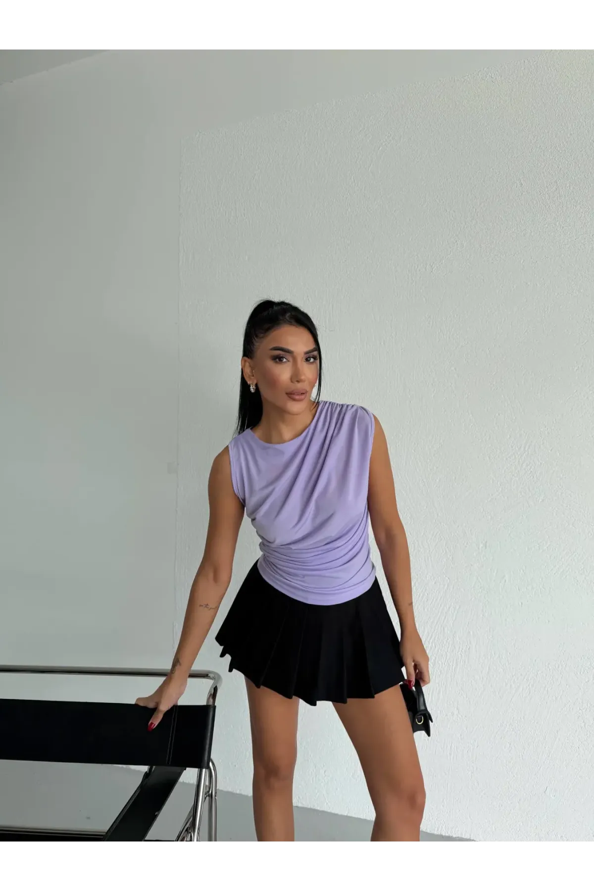 Kadın Lila Büzgülü Kolsuz Sandy Bluz HZL26W-FRY122751