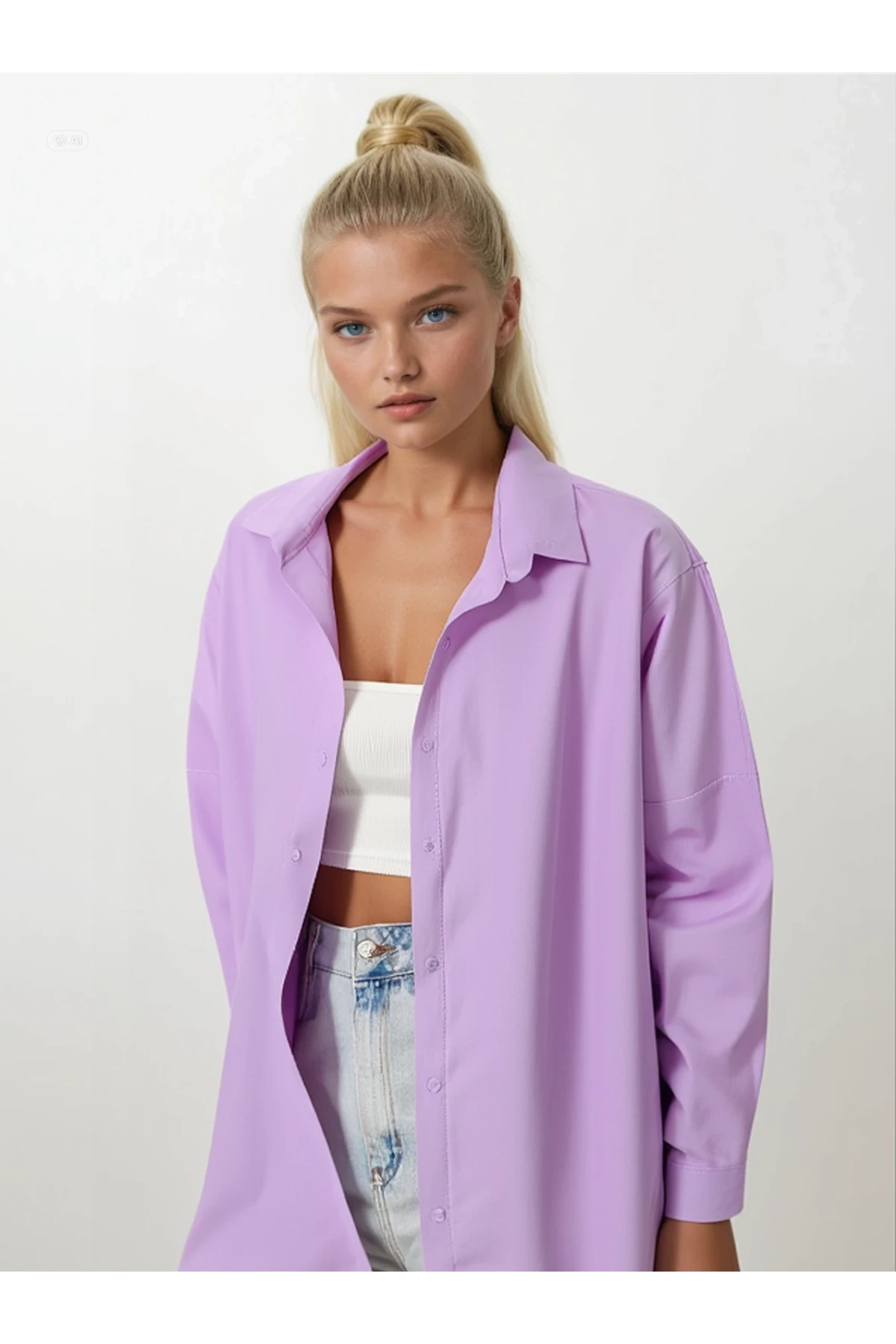 Kadın Lila Oversize Uzun Basic Gömlek Hzl22w-bd139001