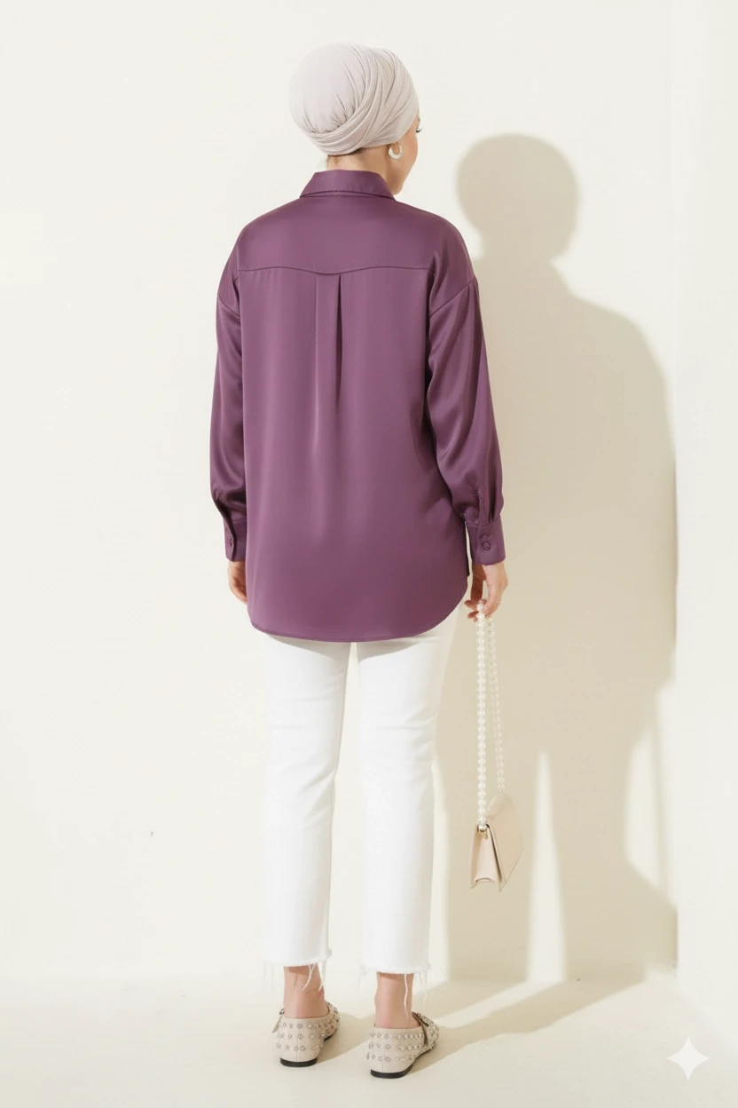 Kadın Lila Saten Yüzeyli Tesettür Gömlek HZL25W-BD139641