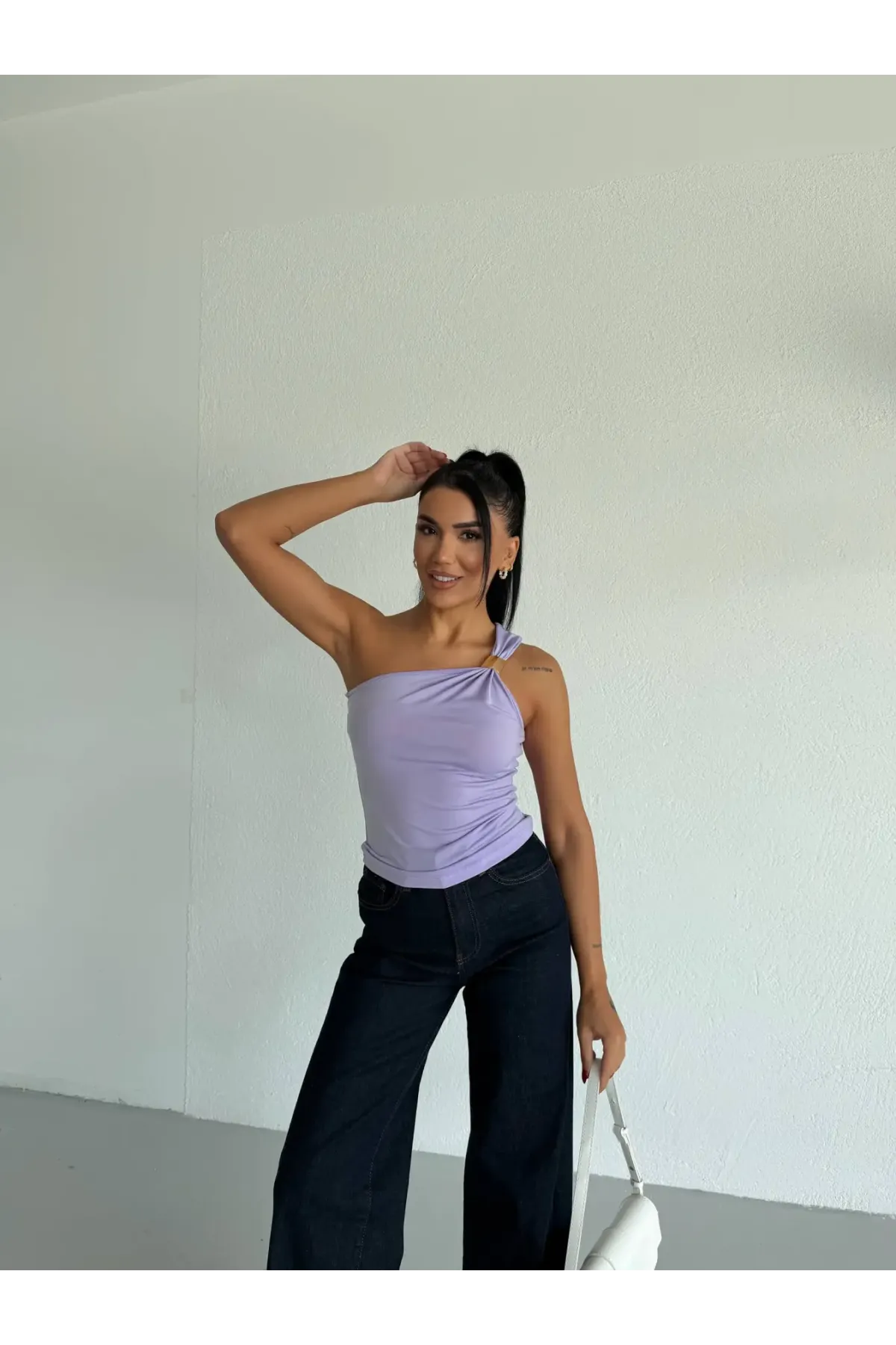 Kadın Lila Tek Omuz Gold Metal Detaylı Sandy Bluz HZL26S-FRY123821