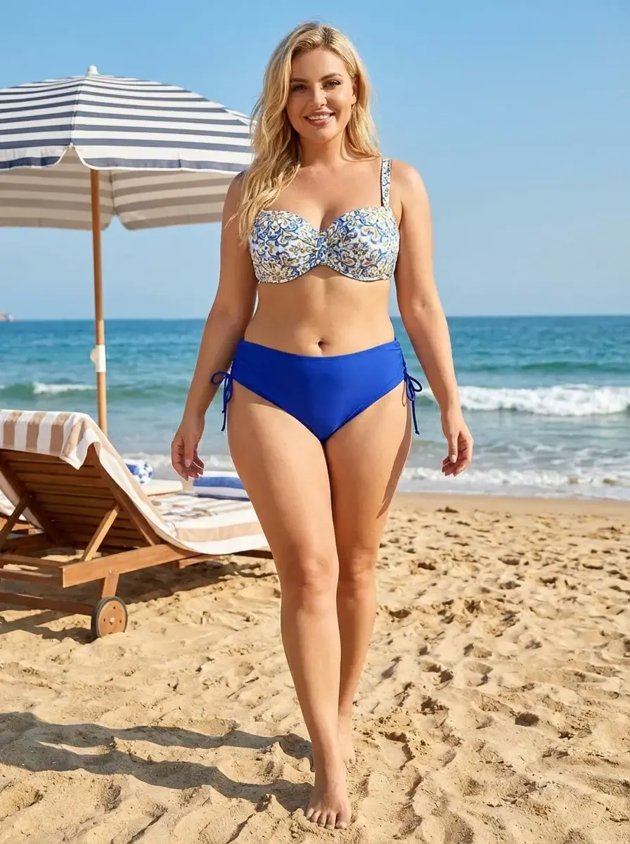 Kadın Mavi Beyaz Desenli Taş İşlemeli  Astarlı Bikini Takım HZL25S-LC3309