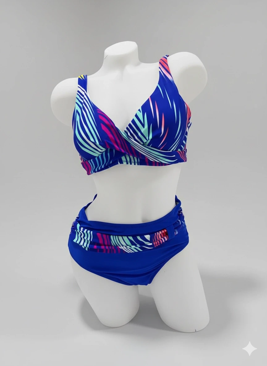 Kadın Mavi Çok Renkli Büyük Beden Astarlı Bikini Takım HZL25S-LC21202