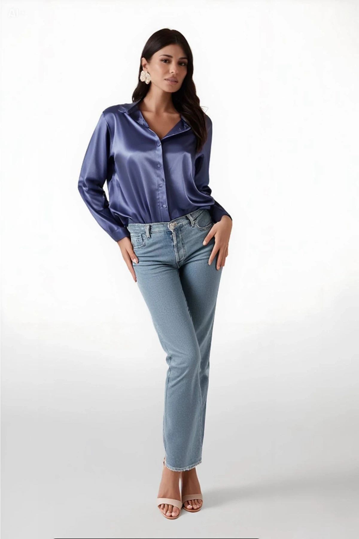 Kadın Mavi Hafif Dökümlü Saten Yüzeyli Gömlek HZL22W-BD139641