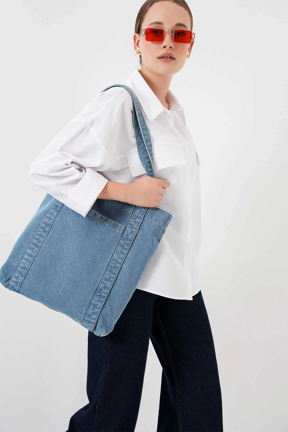 Kadın Mavi Kot Kumaş Şeritli Cepli Omuz Çanta HZL25S-BD10221