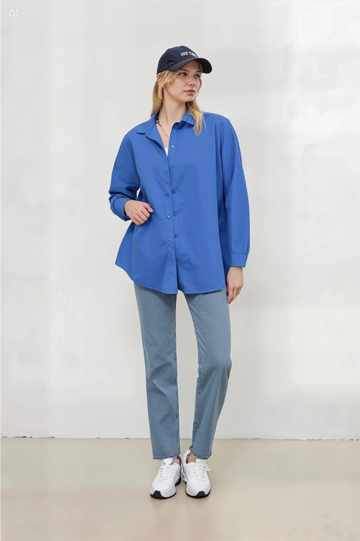 Kadın Mavi Oversize Uzun Basic Gömlek HZL22W-BD139001