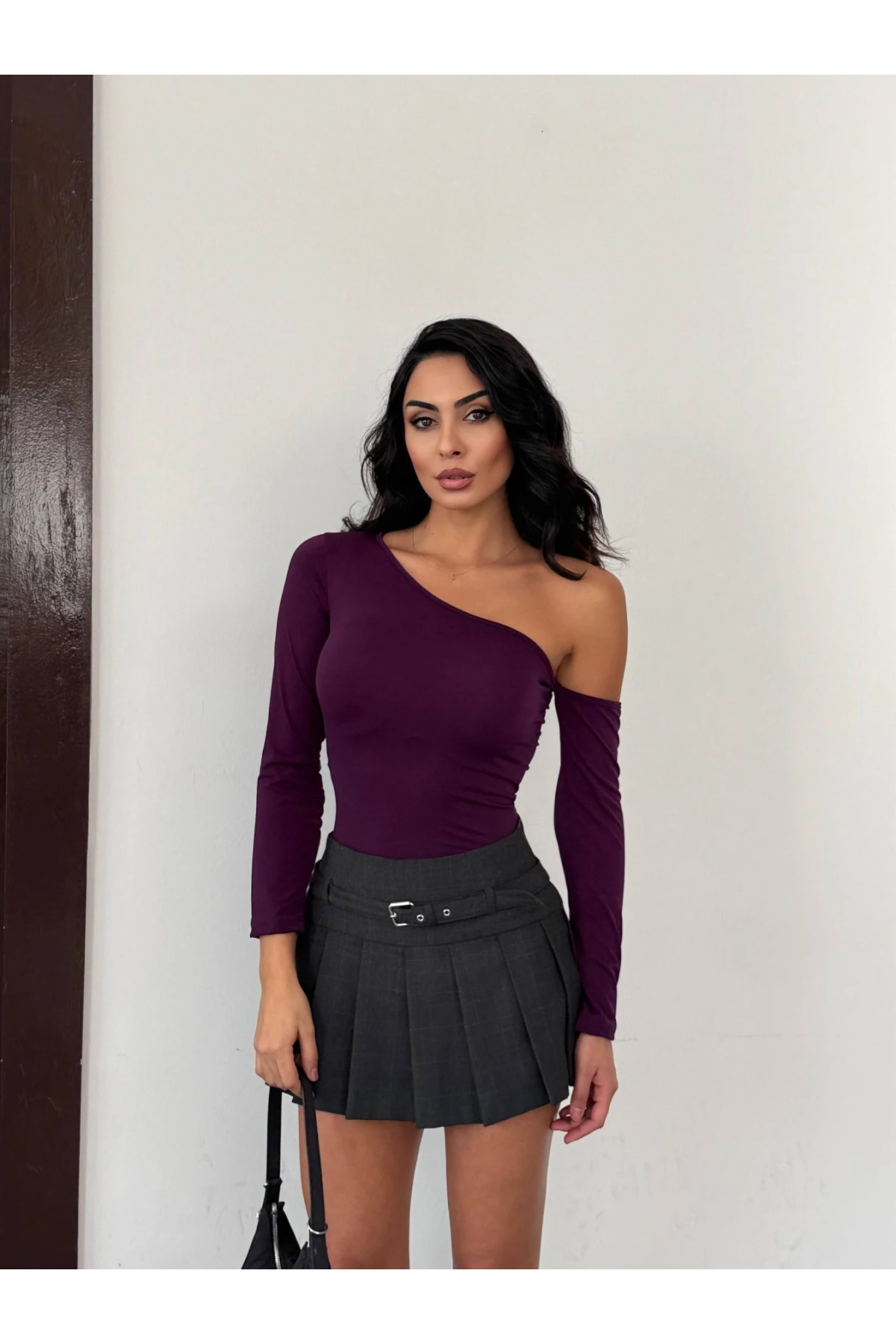 Kadın Mor Asimetrik Yaka Drapeli Sandy Bluz HZL25S-FRY123361