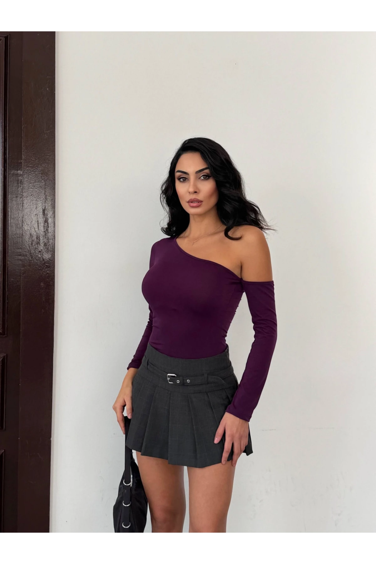 Kadın Mor Asimetrik Yaka Drapeli Sandy Bluz HZL25S-FRY123361