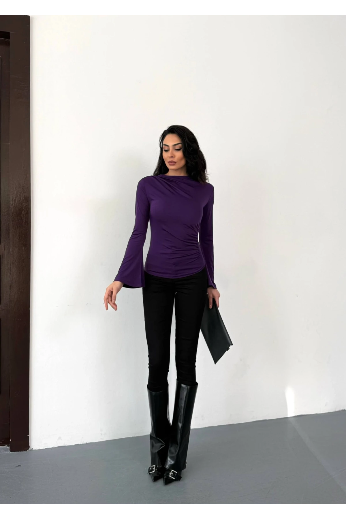 Kadın Mor Drape Detaylı İspanyol Kol Sany Bluz HZL25W-FRY123431