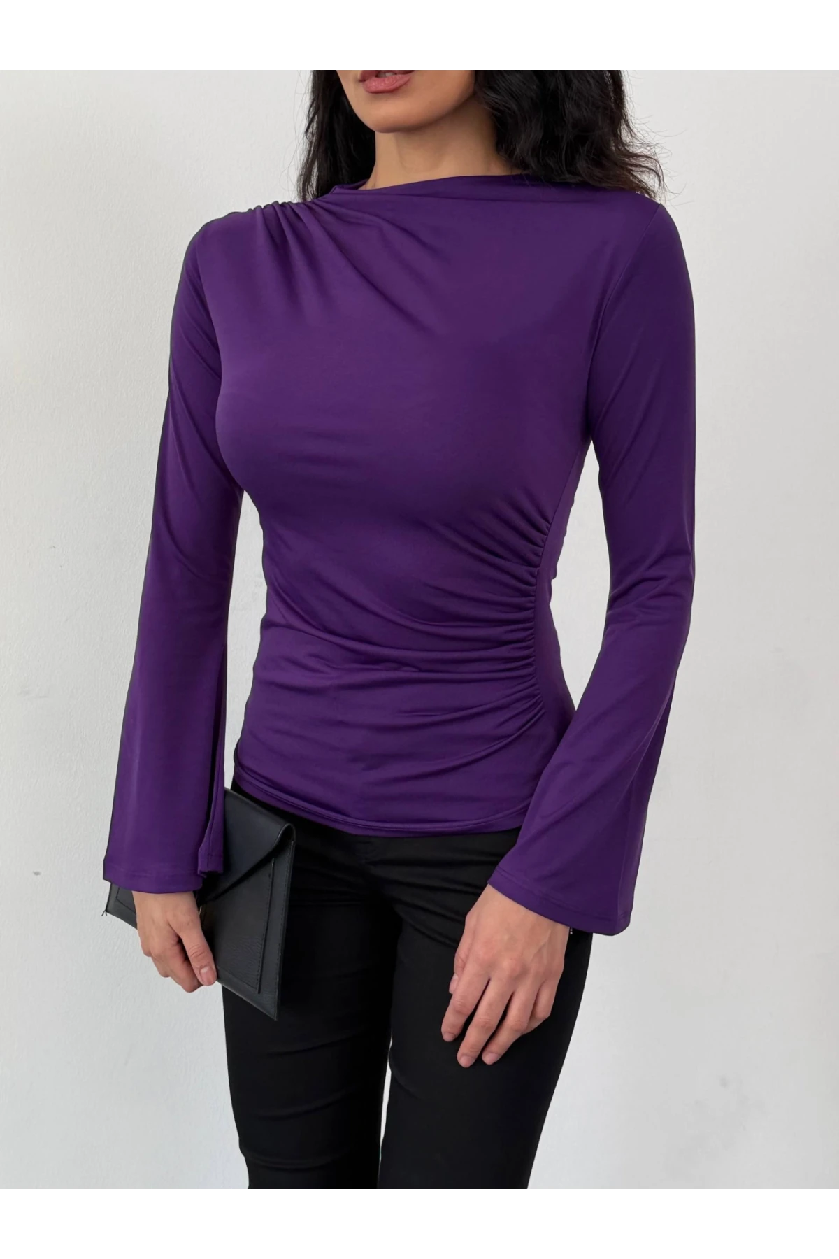 Kadın Mor Drape Detaylı İspanyol Kol Sany Bluz HZL25W-FRY123431