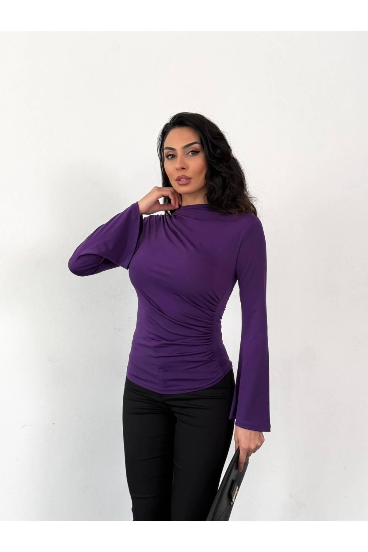 Kadın Mor Drape Detaylı İspanyol Kol Sany Bluz HZL25W-FRY123431