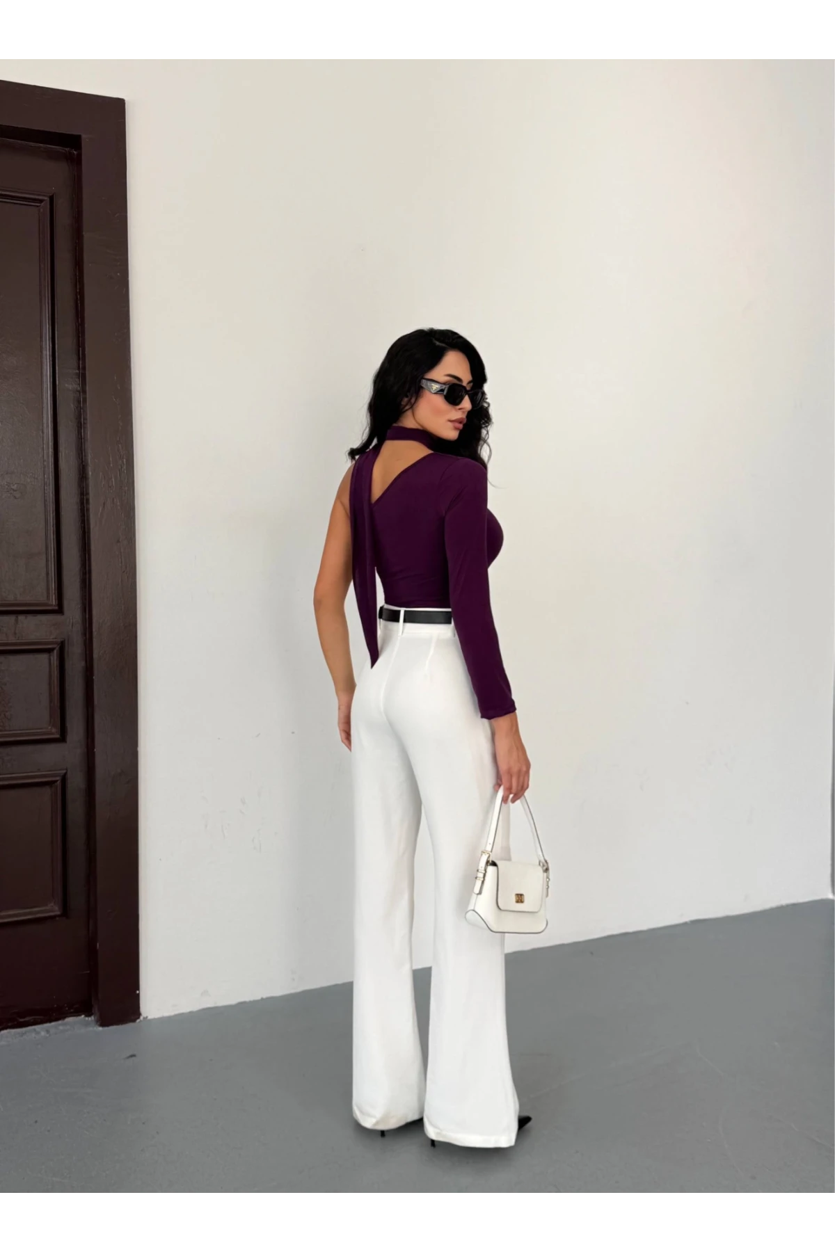 Kadın Mor Fularlı Sandy Kumaş Asimetrik Kesim Bluz HZL25S-FRY123371