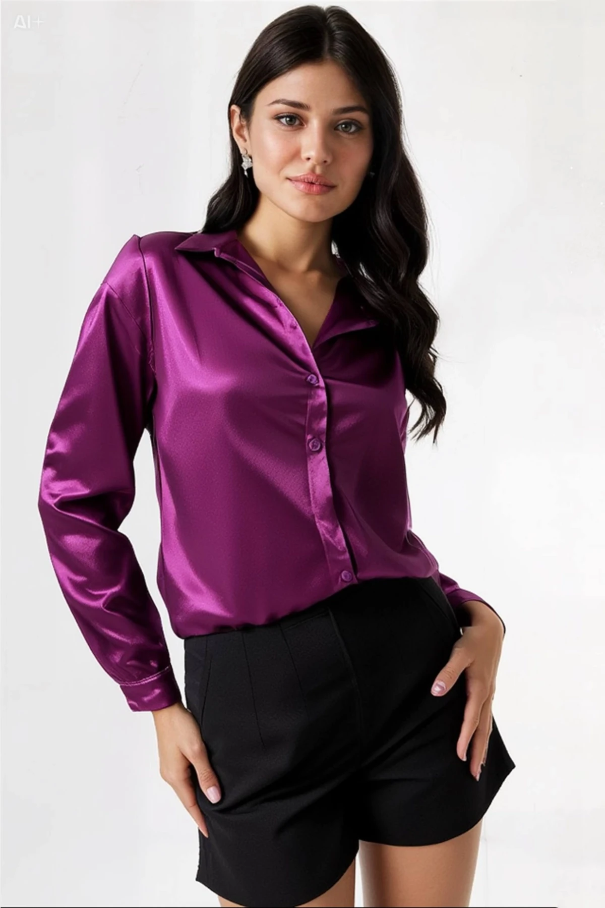 Kadın Mor Hafif Dökümlü Saten Yüzeyli Gömlek Hzl22w-bd139641