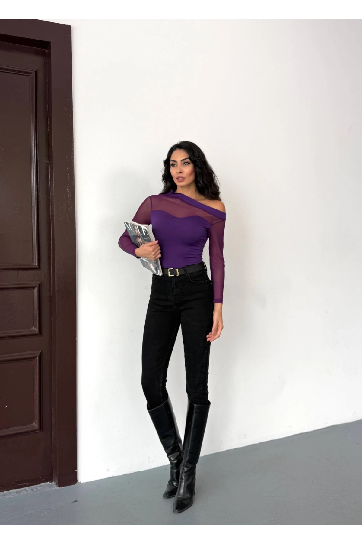 Kadın Mor Tül Garnili Uzun Kol Şık Rahat Bluz HZL25W-FRY123541