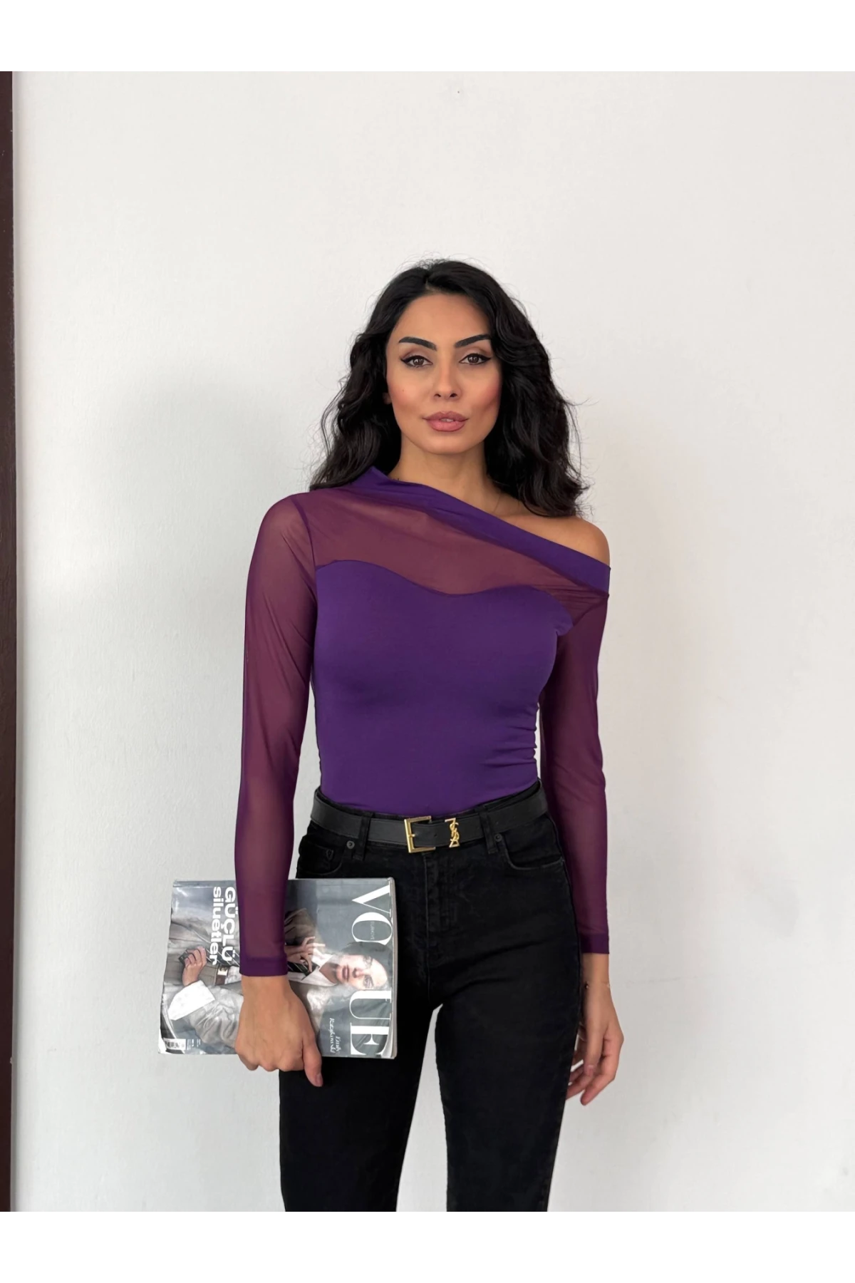 Kadın Mor Tül Garnili Uzun Kol Şık Rahat Bluz HZL25W-FRY123541