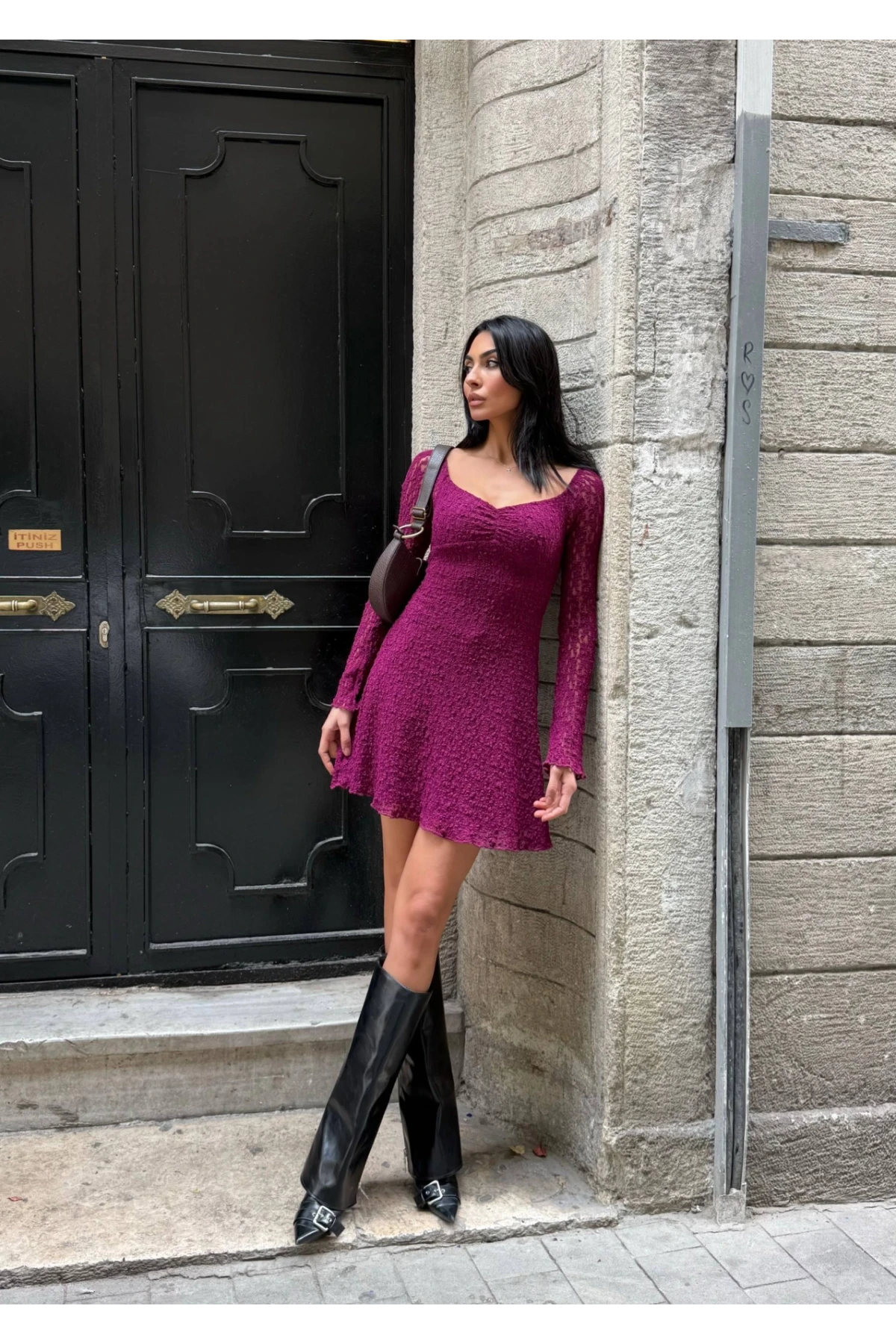 Kadın Mor Uzun Kollu Dantel Detay Astarlı Kloş Elbise HZL25W-FRY123531