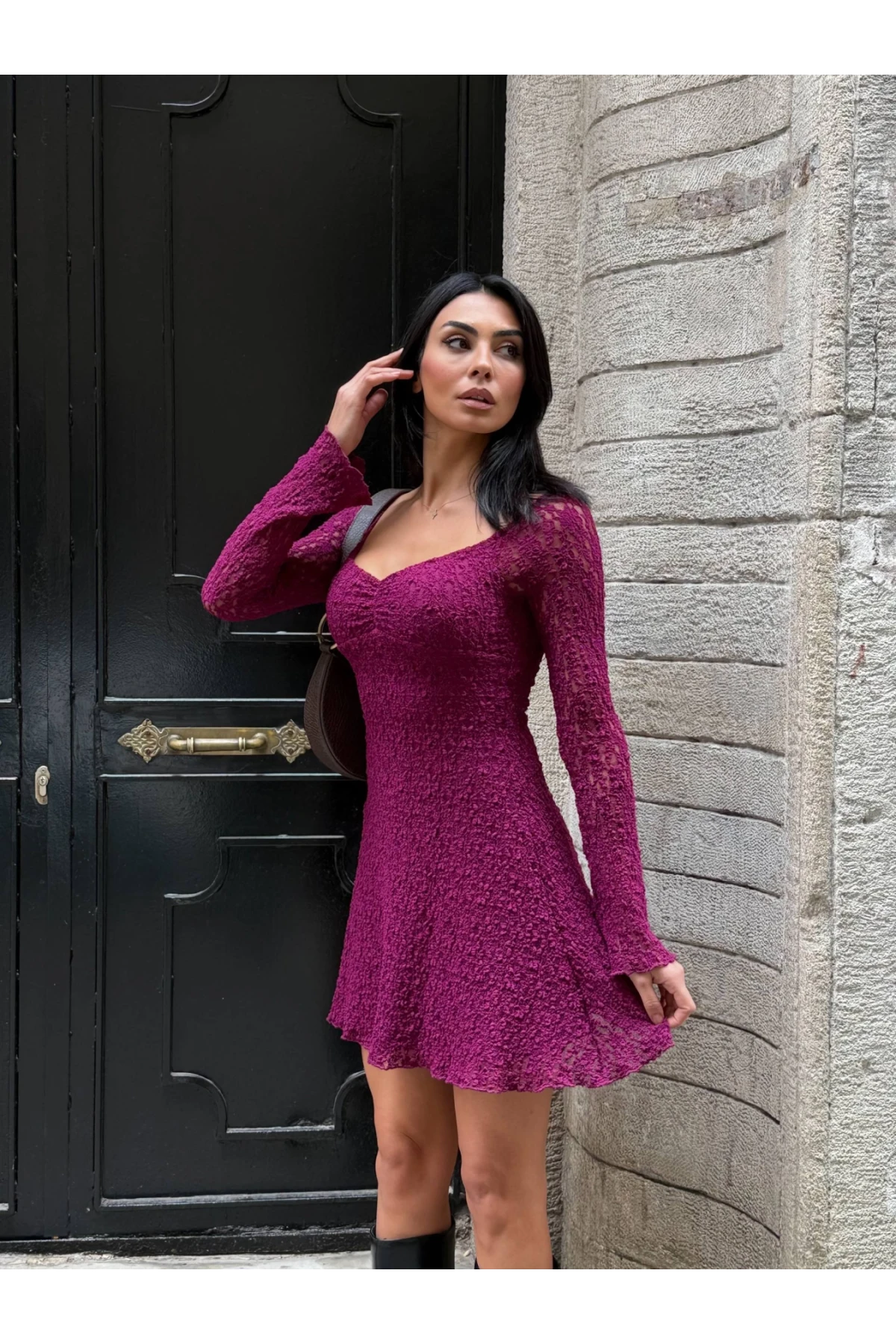 Kadın Mor Uzun Kollu Dantel Detay Astarlı Kloş Elbise HZL25W-FRY123531