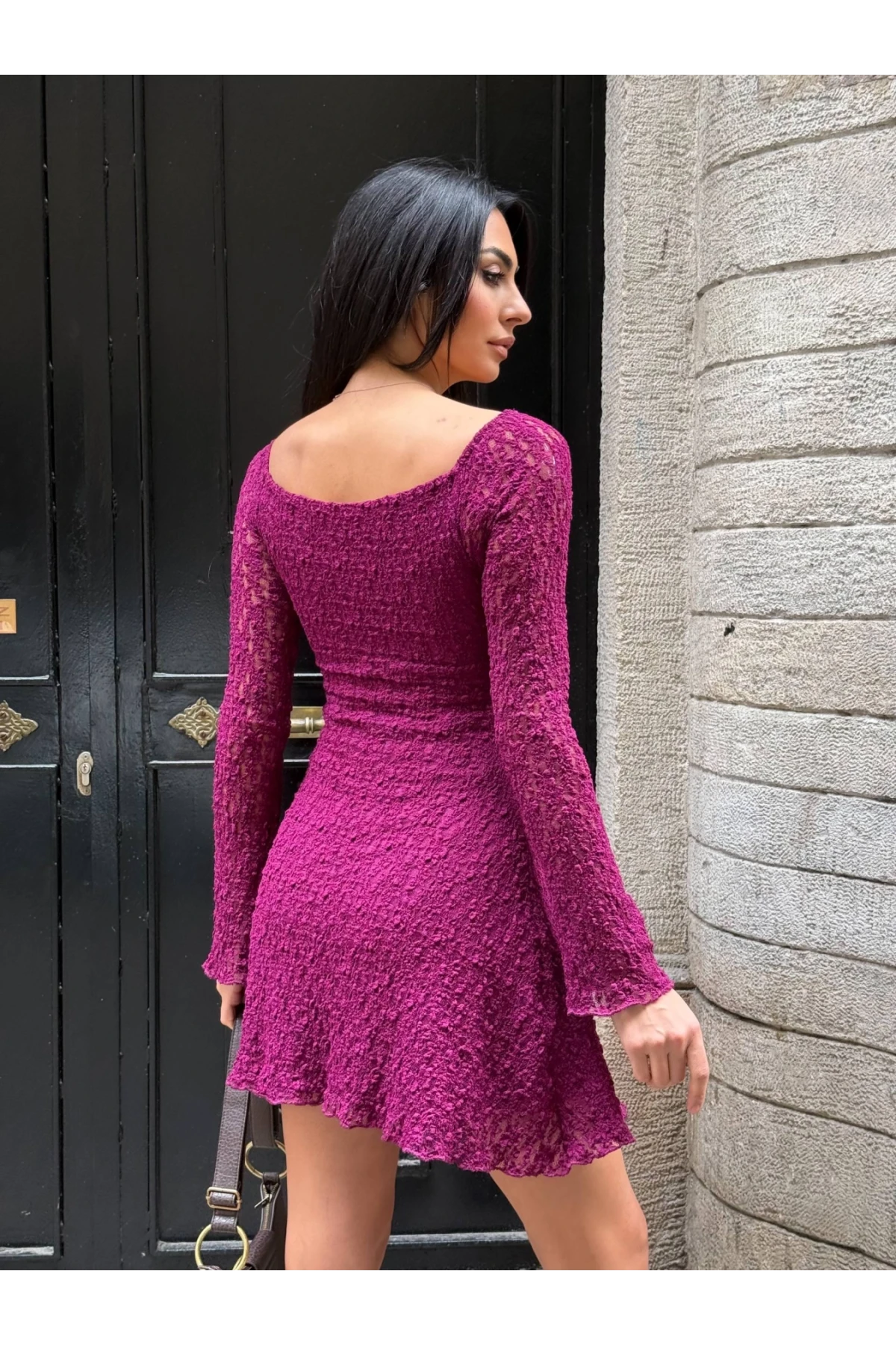 Kadın Mor Uzun Kollu Dantel Detay Astarlı Kloş Elbise HZL25W-FRY123531