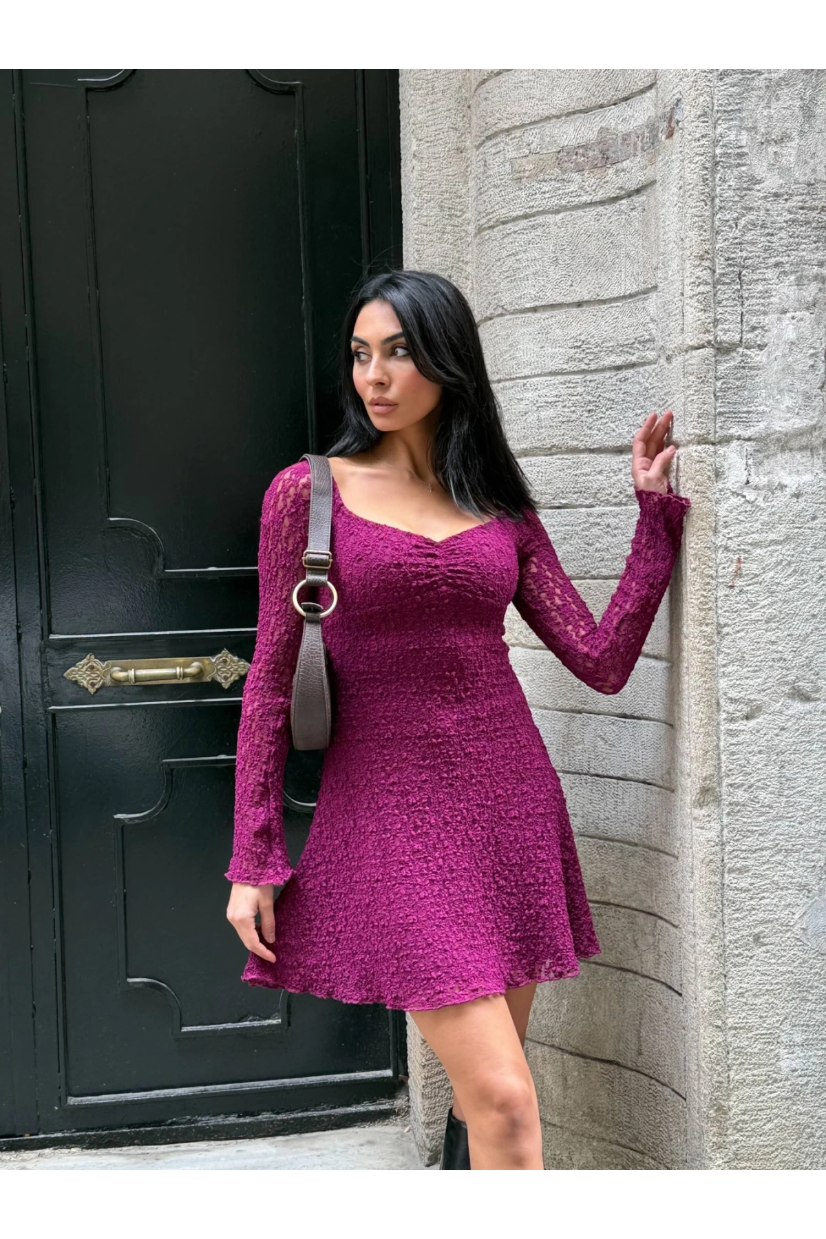 Kadın Mor Uzun Kollu Dantel Detay Astarlı Kloş Elbise HZL25W-FRY123531