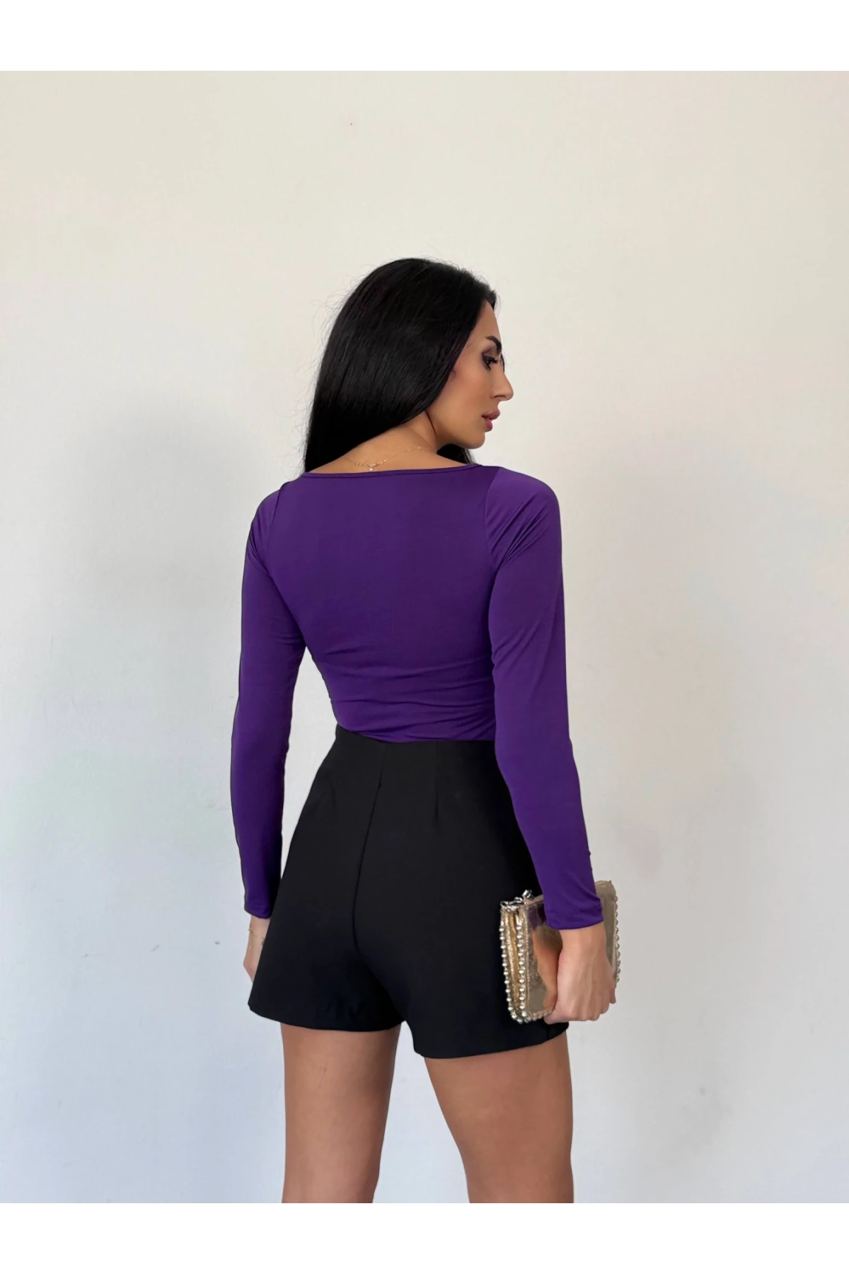 Kadın Mor Uzun Kollu Göğüs Dekolteli Tokalı Bluz HZL25W-FRY123501