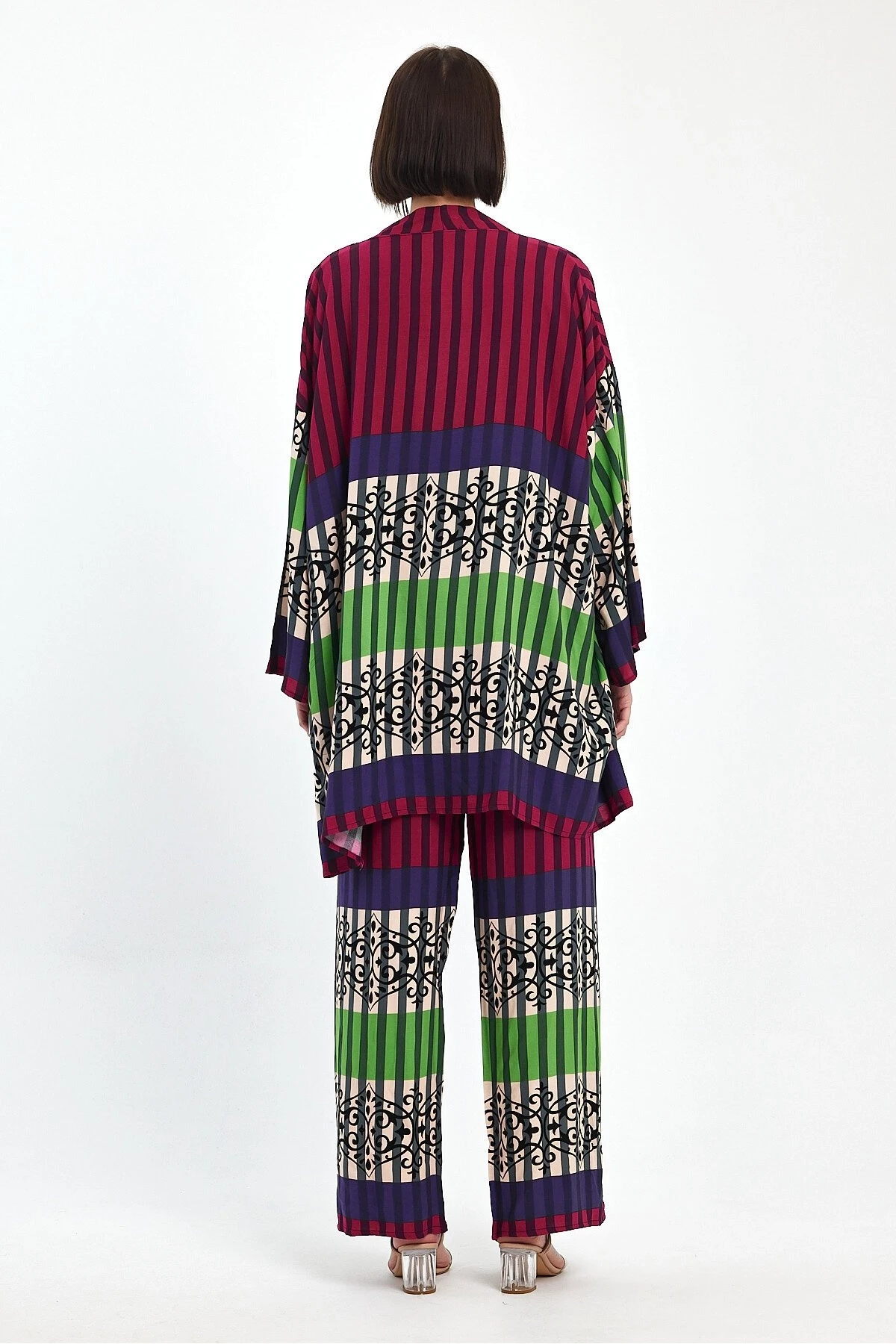 Kadın Mürdüm Çizgili Atlet Kimono Ve Pantolon Dokuma Viscon Alt Üst Takım HZL25S-VM110421