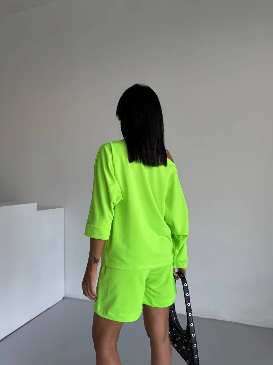 Kadın Neon Yeşil 2 İplik Kayık Yaka Bluz Şort Alt Üst Takım HZL25S-FRY120511