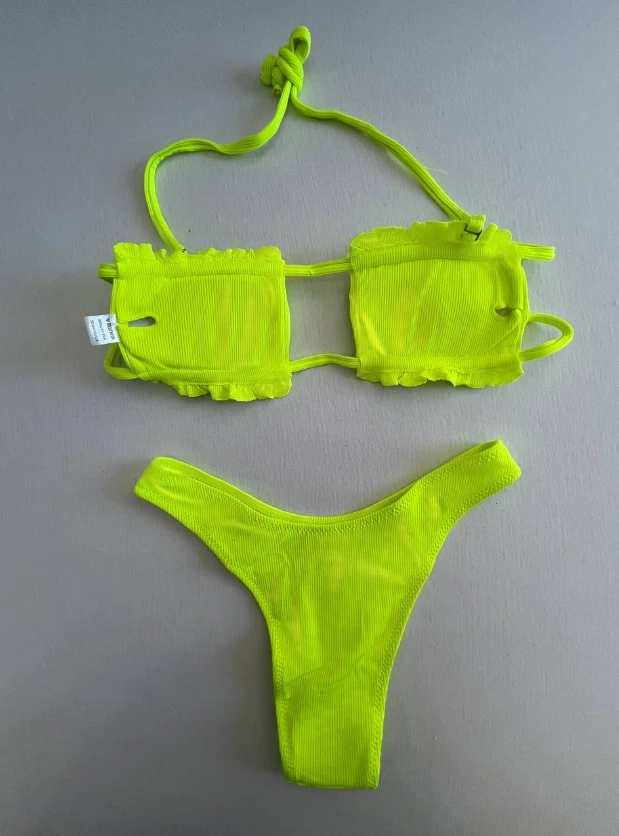 Kadın Neon Yeşil İp Bağlamalı Büzgülü Straplez Bikini Takım HZL25S-LC2226