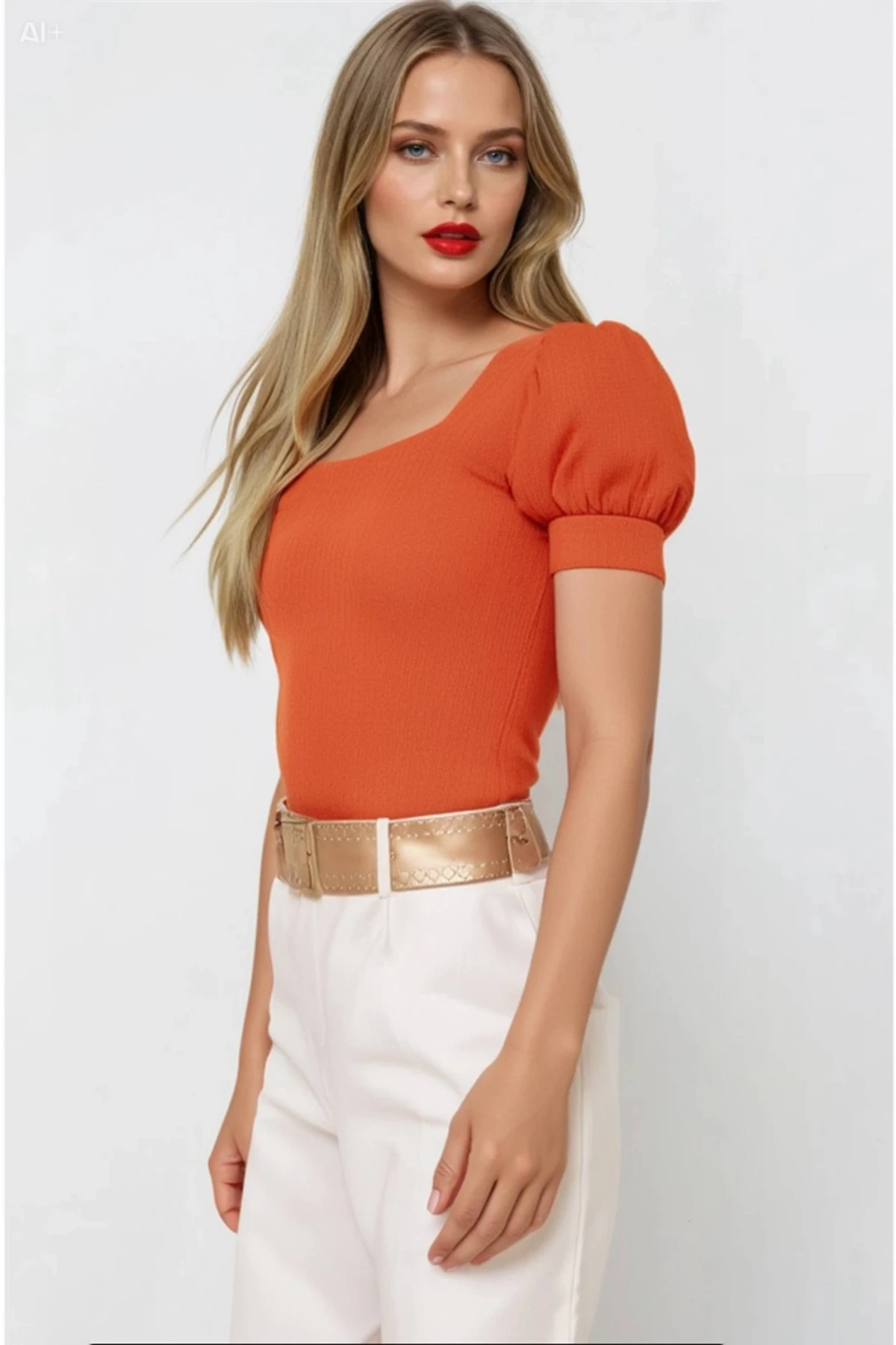 Kadın Oranj Kare Yaka Örme Bluz Hzl22w-bd104091