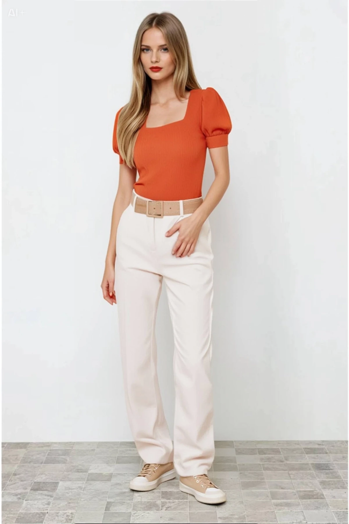 Kadın Oranj Kare Yaka Örme Bluz Hzl22w-bd104091