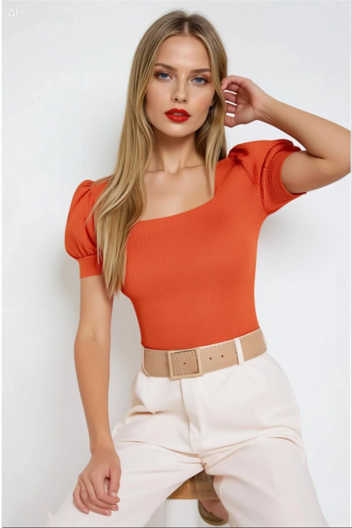 Kadın Oranj Kare Yaka Örme Bluz Hzl22w-bd104091