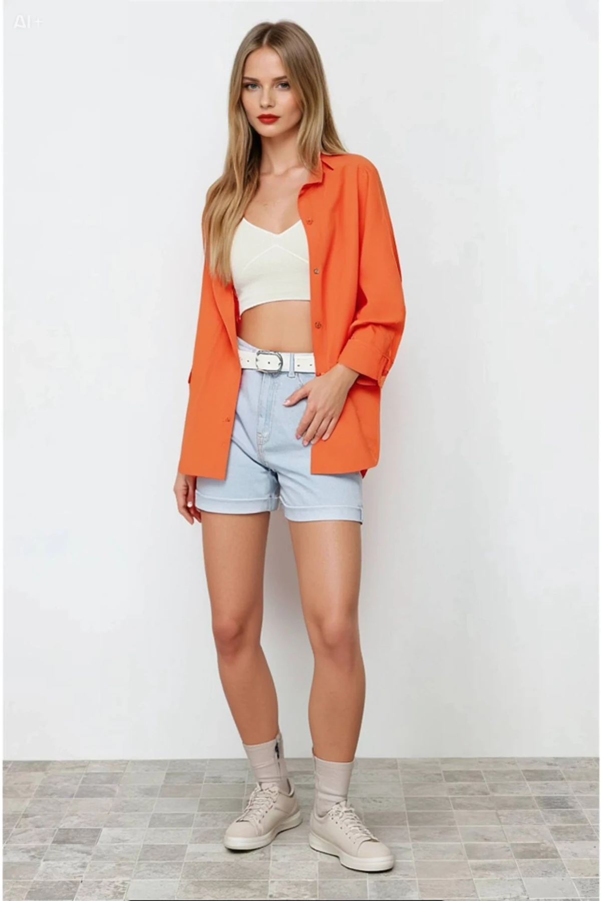 Kadın Oranj Oversize Uzun Basic Gömlek HZL22W-BD139001