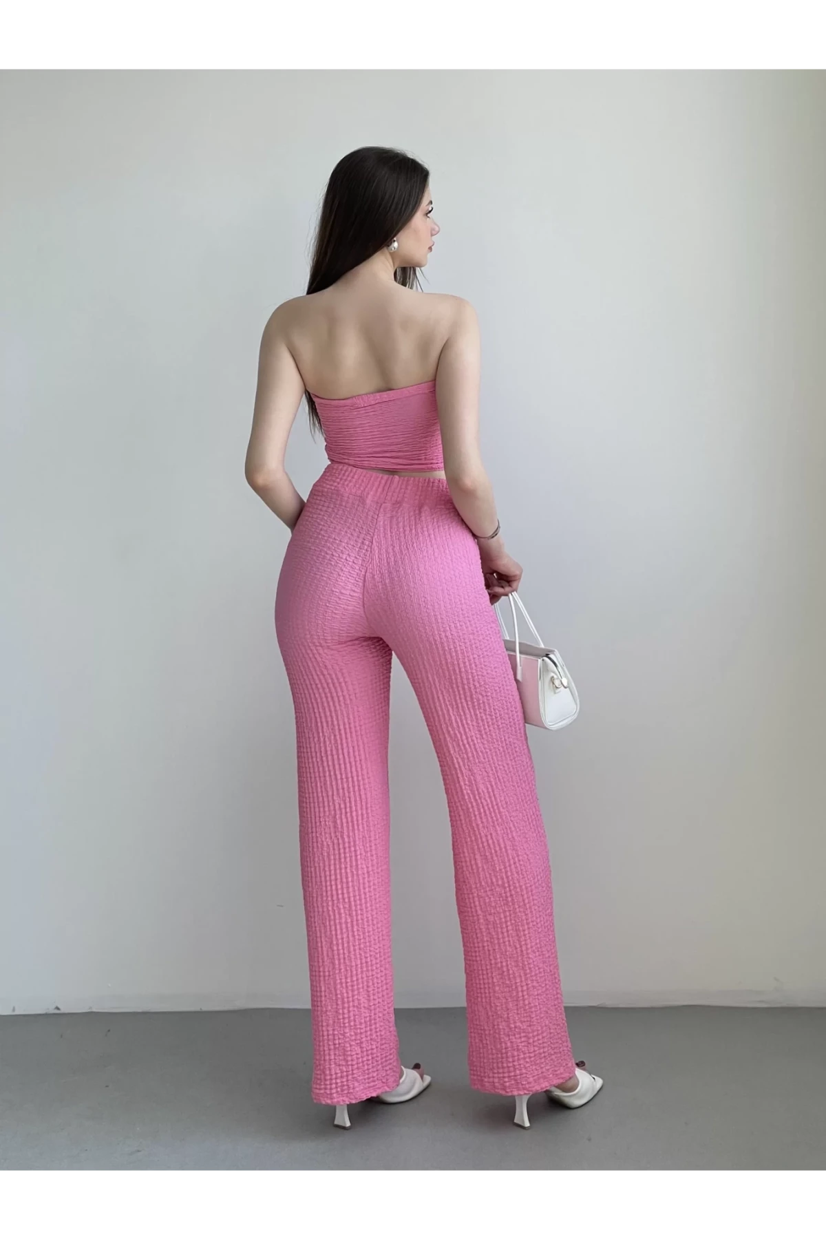 Kadın Pembe Beli Lastilkli Gofre Kumaş Pantolon HZL24S-ZK13261