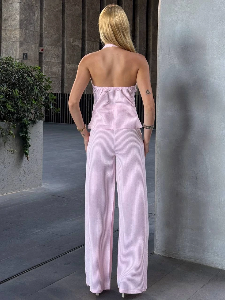 Kadın Pembe Çizgili Önü Fermuarlı Bluz Pantolon İkili Takım HZL25S-ZK13691