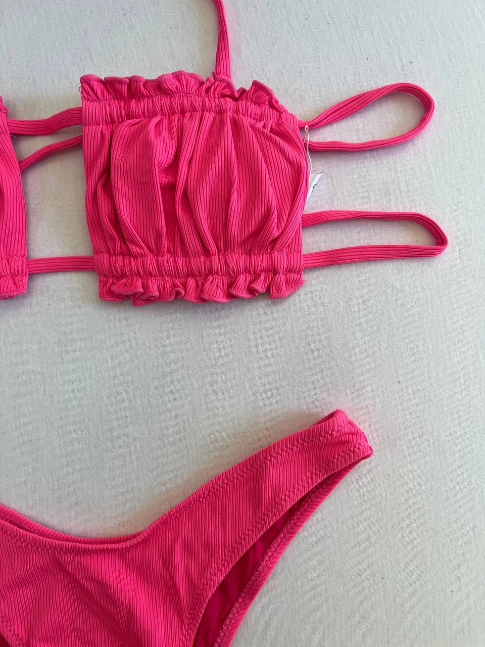 Kadın Pembe İp Bağlamalı Büzgülü Straplez Bikini Takım HZL25S-LC2226