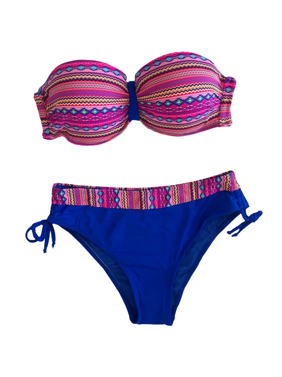 Kadın Pembe Saks Mavi Etnik Desenli Astarlı Bikini Takımı HZL25S-LC22626