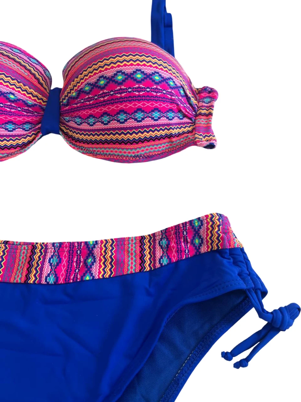 Kadın Pembe Saks Mavi Etnik Desenli Astarlı Bikini Takımı HZL25S-LC22626