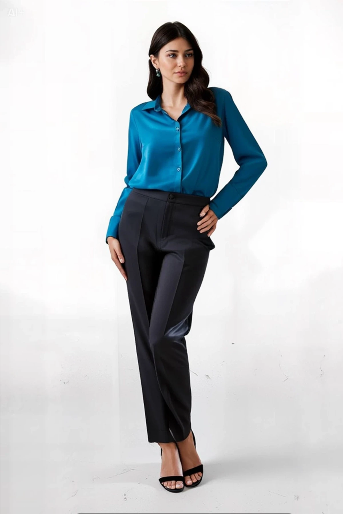 Kadın Petrol Mavisi Hafif Dökümlü Saten Yüzeyli Gömlek HZL22W-BD139641