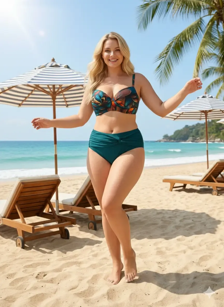 Kadın Petrol Yeşili Çiçek Desenli Astarlı Büyük Beden Bikini Takımı HZL25S-LC24108