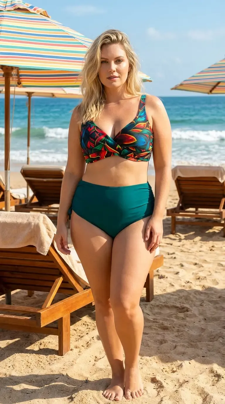 Kadın Petrol Yeşili Çiçek Desenli Astarlı Büyük Beden Bikini Takımı HZL26S-LC21202