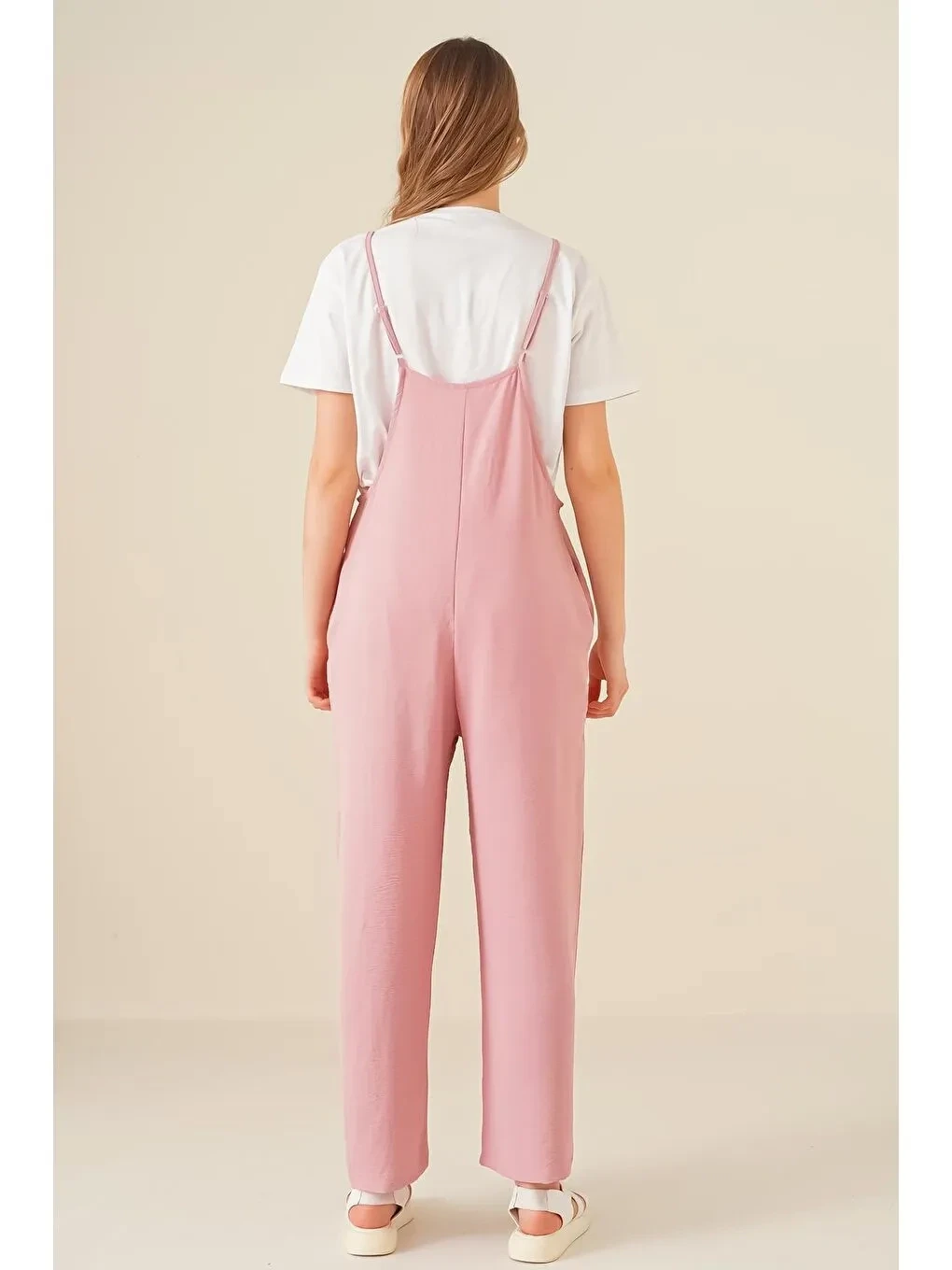 Kadın Pudra Ayarlanabilir Askılı Cepli Bol Paça Bahçıvan Tulum HZL22S-BD170191