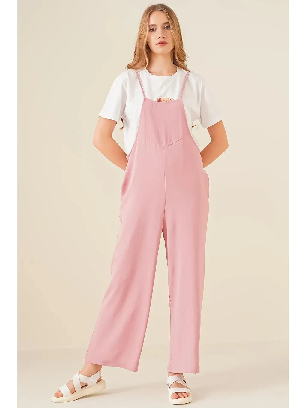 Kadın Pudra Ayarlanabilir Askılı Cepli Bol Paça Bahçıvan Tulum HZL22S-BD170191