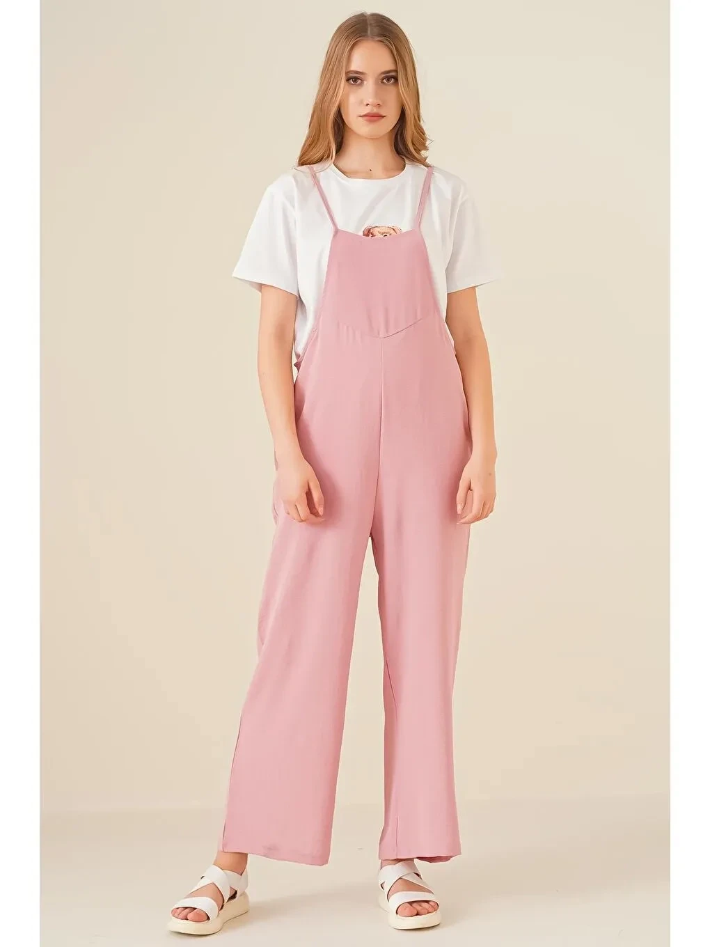 Kadın Pudra Ayarlanabilir Askılı Cepli Bol Paça Bahçıvan Tulum HZL22S-BD170191