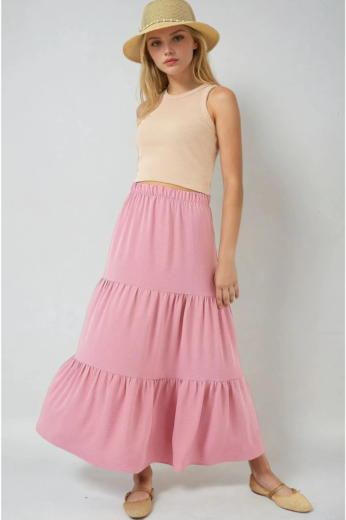 Kadın Pudra Beli Lastikli Ayrobin Uzun Etek HZL25S-BD180481