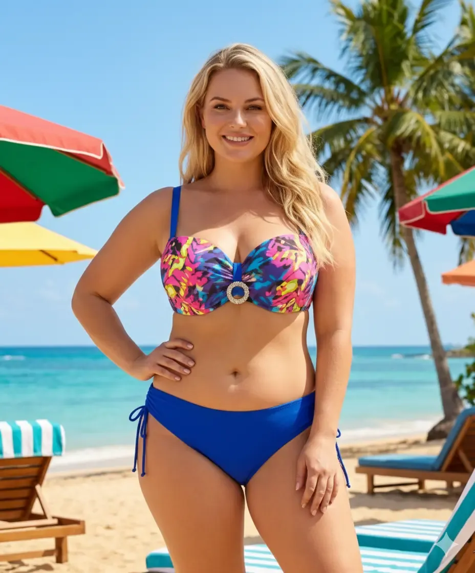 Kadın Saks Mavi Renk Desenli Toka Detaylı  Astarlı Bikini Takım HZL25S-LC3322