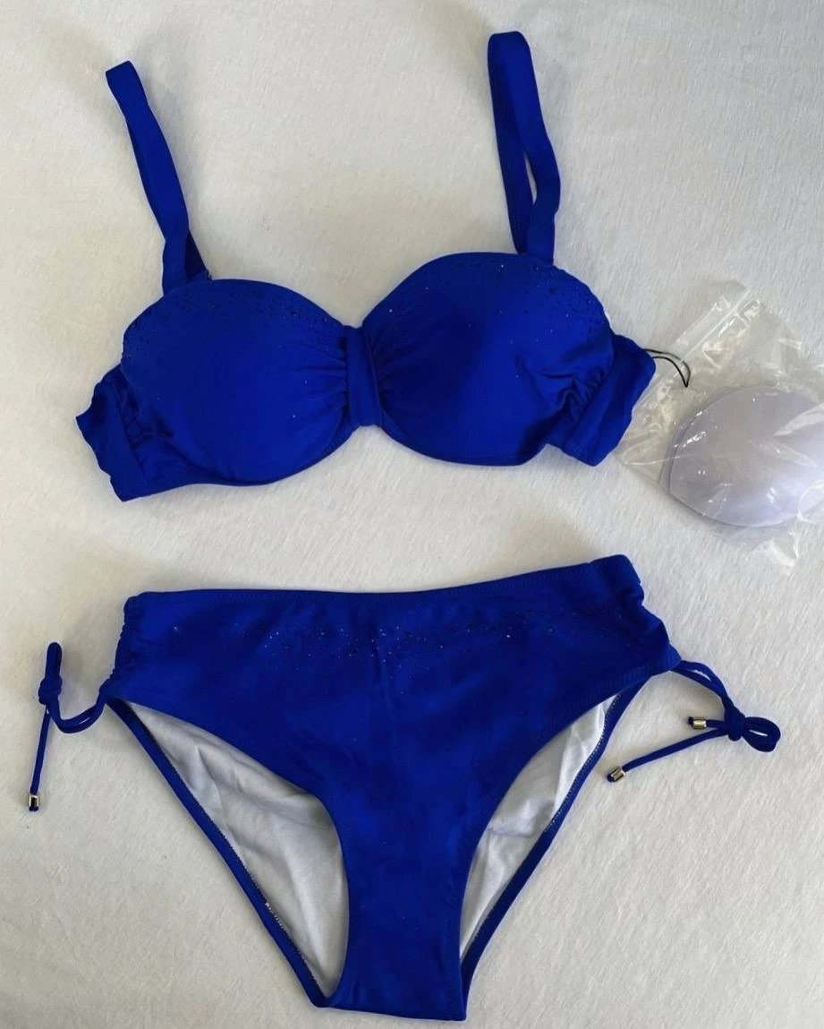 Kadın Saks Mavi Taş İşlemeli Astarlı Bikini Takım HZL25S-LC3361