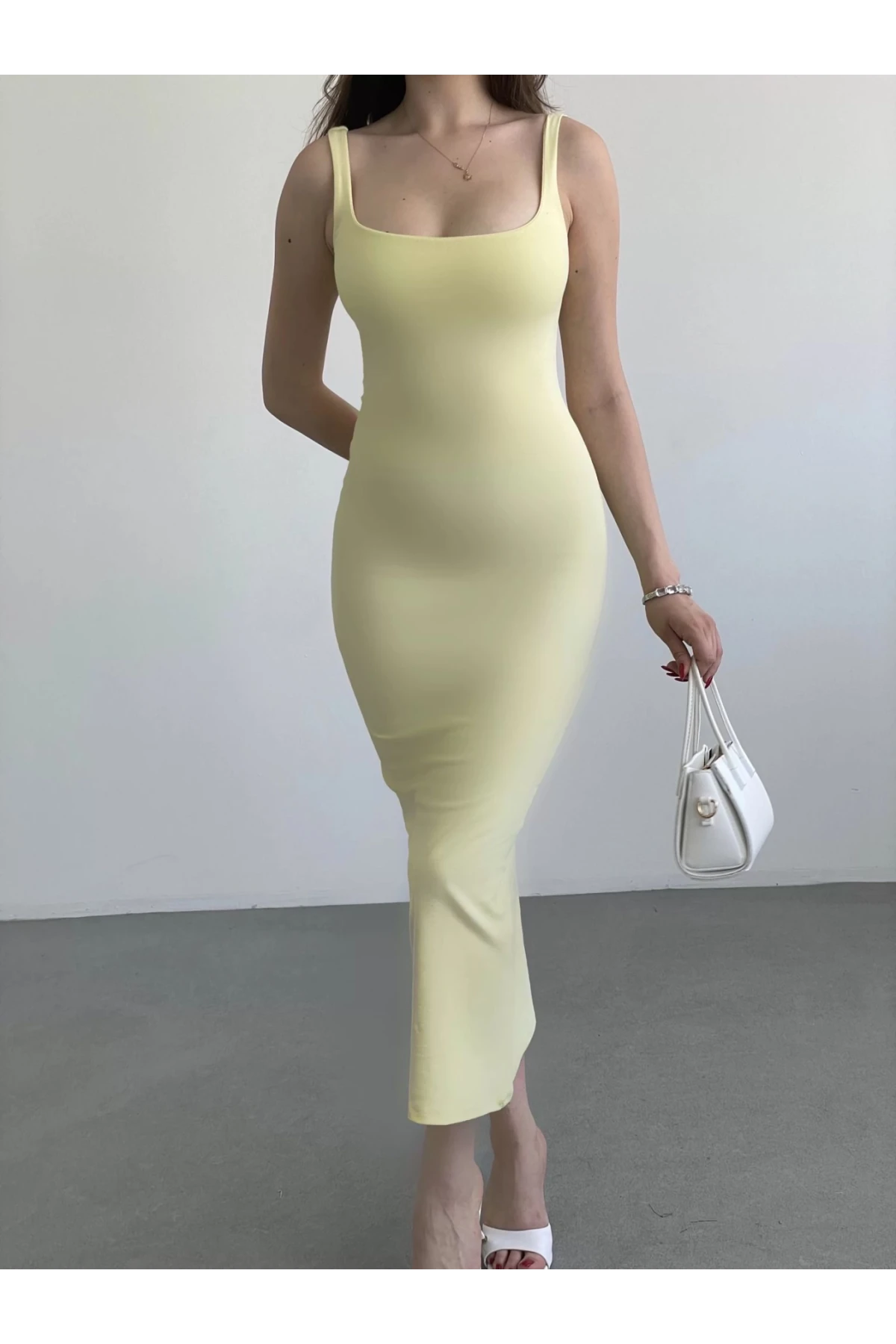Kadın Sarı Askılı Kare Yaka Midi Elbise HZL25S-ZK11621